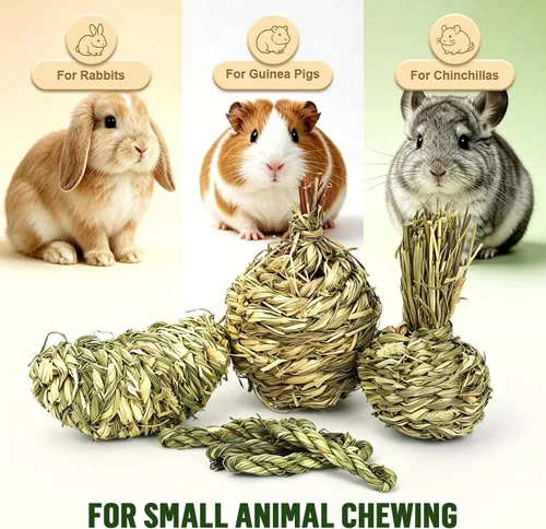 Vista 5 de 7 piezas de juguetes masticables de conejo, bola masticable natural de hierba Timothy para conejos, conejito molar y jugar hierba palo de juguete