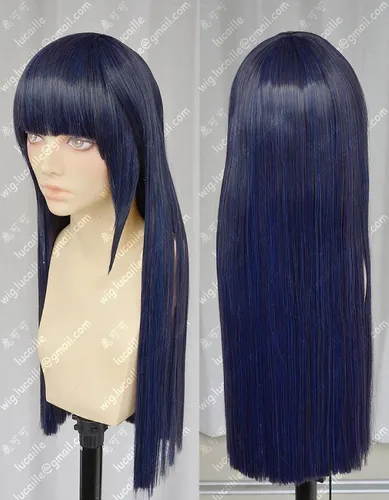 Vista 2 de WSJDE Pelucas de anime Hyuga Hinata de pelo largo y lacio, peluca de cosplay + gorra de peluca