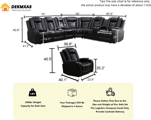 Vista 2 de Juego de sofá de cuero transpirable con puerto USB, 5 sofás seccionales reclinables en forma de L y 2 sillas, juego de sofá seccional reclinable