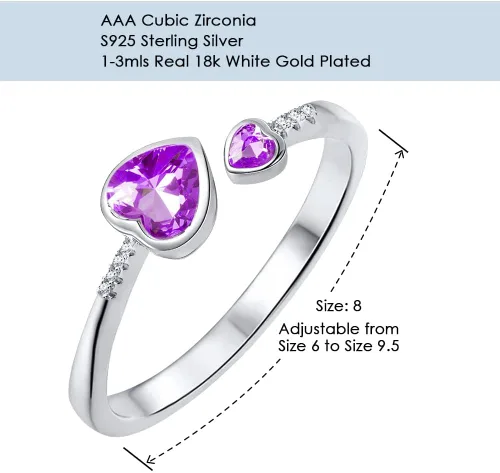 Vista 3 de LANE WOODS Anillos de piedra natal para mujer, plata de ley 925, doble corazón, abierto, anillo de banda ajustable
