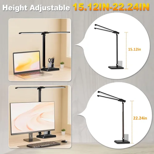 Vista 3 de CHARYJOD Lámpara de escritorio LED retráctil regulable con puerto de carga USB, 50 modos de iluminación, brazo doble oscilante, arquitecto, lámpara