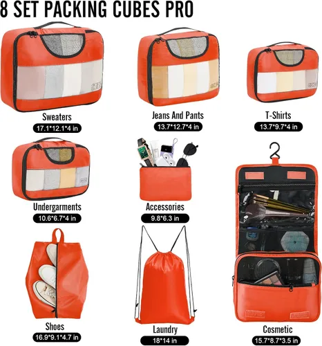 Vista 2 de Veken Juego de 8 cubos de embalaje para artículos esenciales de viaje, bolsas organizadoras de maleta en 4 tamaños, accesorios de equipaje de mano