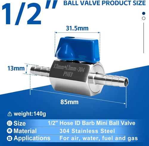 Vista 2 de Paquete de 2 mini válvulas de bola de acero inoxidable 304 con púas de identificación de manguera de 1/2 pulgada, kit de abrazaderas para agua