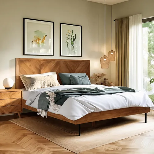 Vista 4 de Acacia Alander - Marco de cama de madera maciza con cabecera de cheurón Caramelo.