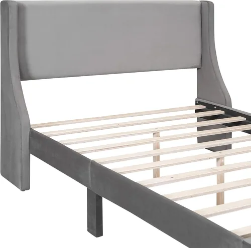 Vista 6 de Base de cama de tamaño matrimonial con cabecera tapizada de terciopelo, marco de cama con cajones y listones de madera que soportan el marco