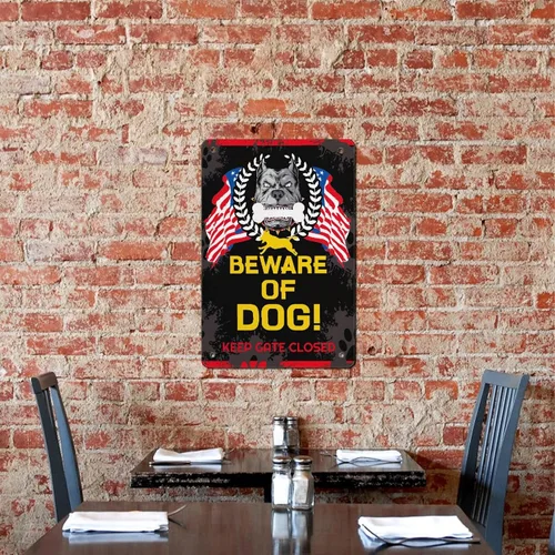 Vista 5 de BOBA BLANKET Letrero de metal con texto en inglés «Beware Of Dog» para decoración de pared, divertido cartel de arte para bar de café, 12 x 8