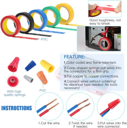 Vista 6 de Glarks Pelacables multifunción de 8 pulgadas, 10-22 AWG y 175 tuercas giratorias, conectores de cable eléctrico, terminales de tornillo con 5 piezas