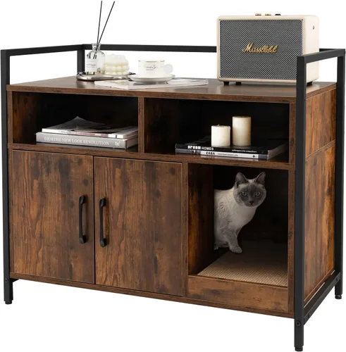 Vista 10 de Giantex Recinto de Caja de Arena para Gatos - Mueble Oculto para Baño de Gatos con Entrada Frontal, Rascador, Armario de Almacenamiento de 2