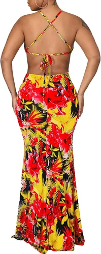 Vista 3 de Vestido largo de fiesta de noche con tirantes florales y espalda descubierta para mujer