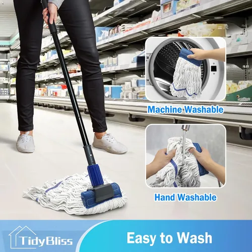Vista 5 de TidyBliss Trapeador Comercial de Servicio Pesado, Mango Largo de 57.5 Pulgadas, Trapeador Industrial de Cuerda con Extremo de Bucle Grande, Azul