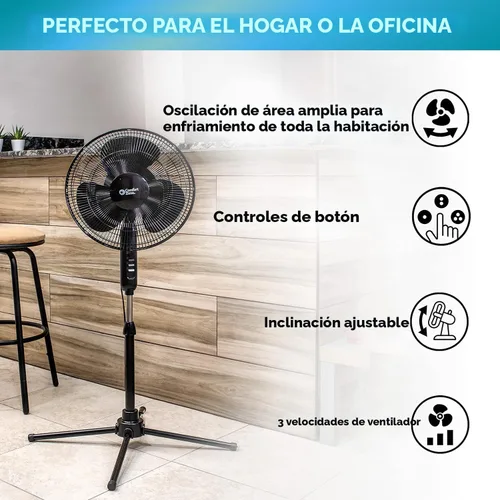 Vista 2 de Comfort Zone CZST161BTEBK Ventilador de pie oscilante de 16 pulgadas, opciones de 3 velocidades, cabezal oscilante de 90 grados, altura y Negro