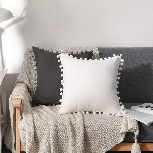 Vista 4 de Juego de 2 fundas de almohada decorativas con bonito pompones, funda de cojín cuadrada suave para decoración del hogar para sofá, cama