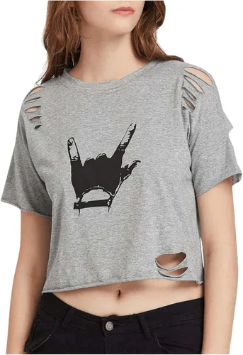 Vista 6 de SweatyRocks - Camiseta ombliguera desgastada con manga corta e impresión gráfica, para mujer