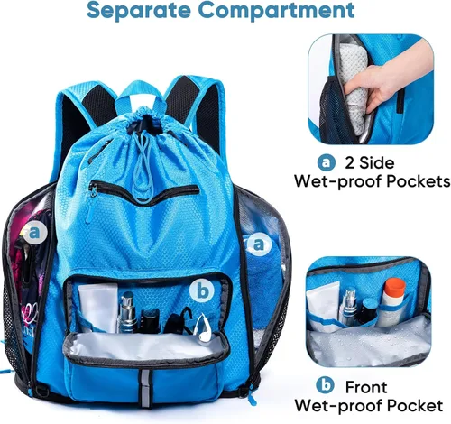 Vista 4 de Mochila de playa grande impermeable a prueba de arena, bolsa de piscina con cordón de gran tamaño personalizada con compartimento para zapatos