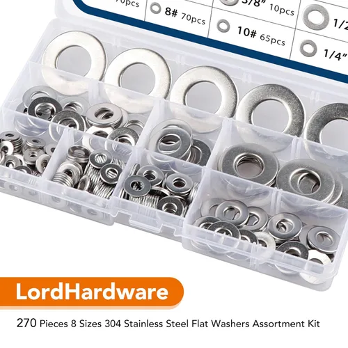 Vista 3 de Kit surtido de 270 piezas de arandelas planas SAE de acero inoxidable 5/8 pulgadas, 1/2 pulgadas, 3/8 pulgadas, 5/16 pulgadas, 1/4 pulgadas, 6 # 8 #