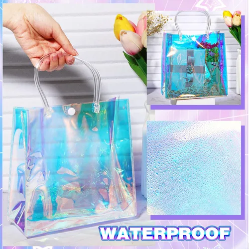 Vista 5 de Sherr 25 bolsas de regalo pequeñas holográficas transparentes iridiscentes reutilizables de plástico de PVC para compras, bodas, cumpleaños, baby