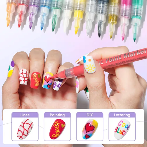 Vista 3 de AIMEILI Juego de bolígrafos de arte de uñas de 12 colores, bolígrafos de pintura acrílica de punta fina para salón y hogar, diseño de uñas, pincel