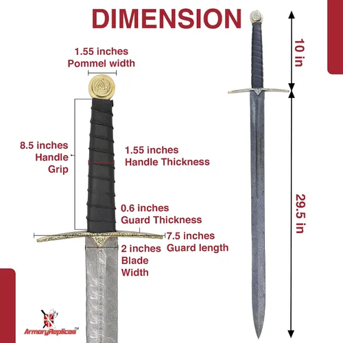Vista 2 de s™ Viking Einherjar Espada de espiga completa - Hoja de acero de Damasco (400-520 capas) con mango envuelto en cuero, protector de latón y pomo