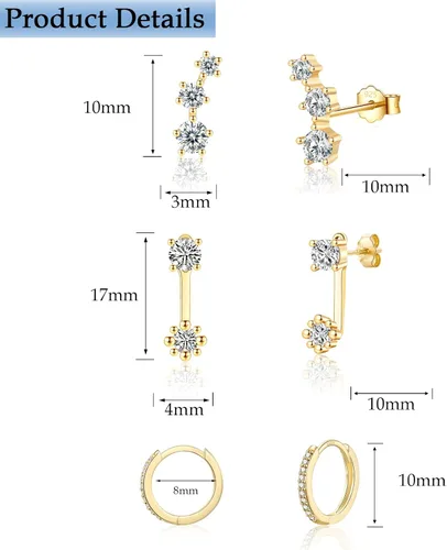 Vista 7 de Aretes de tuerca de plata de ley para mujeres y niñas, 3 pares de aretes de tuerca de cartílago pequeños, platadorado