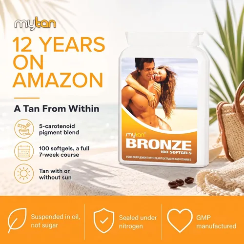 Vista 2 de Píldoras para bronceado MyTan Bronze, 100 cápsulas de gel, de beta caroteno, sin sol
