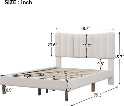 Vista 2 de Base de cama tapizada moderna de tamaño matrimonial con cabecera capitonada de canal vertical, base de cama de lino con plataforma completa