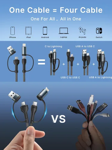 Vista 2 de Cable de carga 4 en 1, adaptador USB C Lightning USB C a USB C 60W PD [carga rápida y sincronización de datos] Cargador múltiple 4 en 1 para iPhone