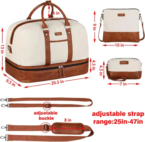 Vista 5 de Bolsa de viaje de lona grande para mujer bolsa de viaje de lona con compartimento para zapatos de 21 pulgadas para mujeres y hombres juego de 3