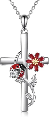 Vista 8 de CRMAD Collar de colibrí/mariquita/libélula para mujer, collar de plata de ley con cruz de colibrí, margarita, regalo