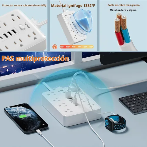 Vista 4 de Regleta de protección contra sobretensiones, 8AC+6USB 17W, enchufe plano