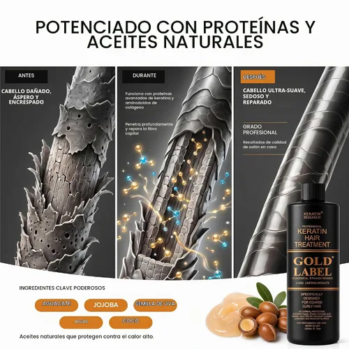 Vista 4 de Gold Label - Tratamiento capilar profesional con queratina brasileña, fórmula súper mejorada específicamente diseñada para tipos de cabello grueso