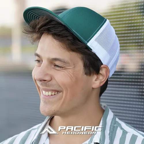 Vista 4 de Pacific Headwear Gorra Trucker Snapback de punto de contraste Gorra de malla transpirable perfecta para correr, gorra ajustable PX