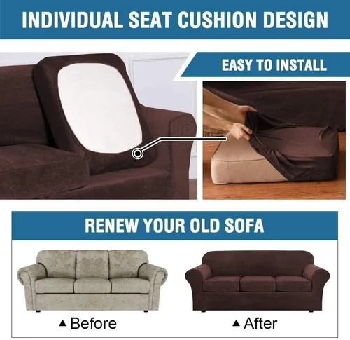 Vista 5 de Funda de terciopelo de lujo con fundas de cojín de asiento separadas, funda de sofá de alta elasticidad, fundas de sofá de felpa ultra suave, Marrón