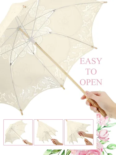 Vista 4 de Sombrilla de encaje de 6 piezas, sombrilla de encaje para boda, sombrilla de encaje vintage con asa para dama de honor, niña de las flores