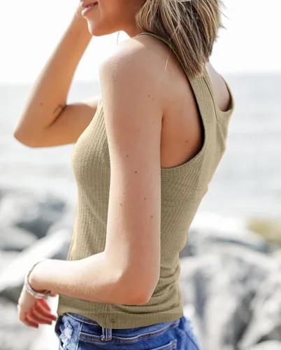 Vista 6 de Veatzaer Camisetas sin mangas acanaladas con cuello redondo para mujer
