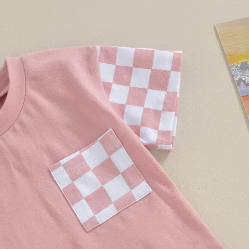Vista 6 de FOCUSNORM Conjunto de camiseta de manga corta para niña pequeña, camiseta de manga corta, pantalones cortos de ajedrez, ropa de verano para niña