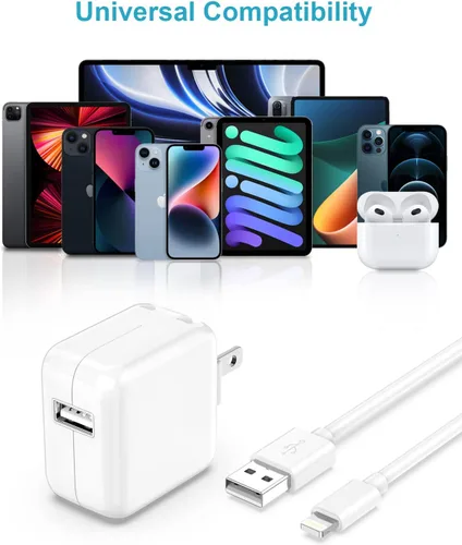 Vista 7 de Cargador de pared y cable para iPad de Apple, 10 pies, 2 juegos, bloque de carga rápida para iPad de 12 W, cable Lightning de 10 pies certificado