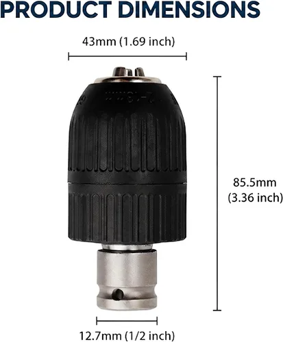 Vista 2 de Portabrocas sin llave de 2-13 mm, adaptador de conversión de cambio rápido con 1/2 pulgada de rosca 20UNF, adaptador hembra cuadrado de 12,7 mm