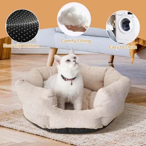 Vista 5 de Camas redondas lavables para gatos de interior, cama para perros extra pequeños, sofá para mascotas para cachorros, perros y gatitos, suave pero