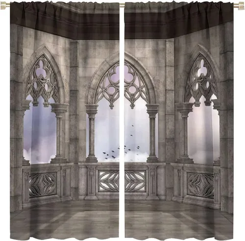 Vista 49 de Cortinas góticas con diseño de luna de Halloween, historia, puerta espeluznante, fondo de terror, vela, ficción, patrón de impresión, sala de estar