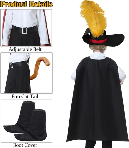 Vista 5 de Lydoesy Kids Puss Costume Cosplay Outfits Cat Boots Cape with Hat Tail Belt Boot Covers for Boys Girls Halloween