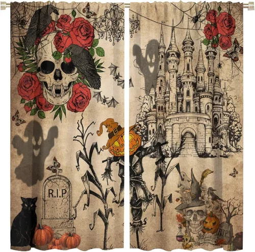 Vista 9 de Divertidas cortinas opacas de calabaza y espantapájaros para sala de estar, rústicas de otoño, hojas de arce, girasol, cosecha de otoño, puesta