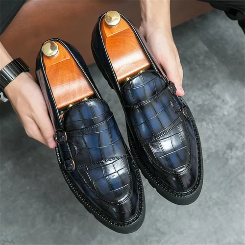 Vista 5 de Mocasines de plataforma de charol para hombre con doble hebilla, mocasines clásicos antideslizantes para conducir, mocasines casuales de moda