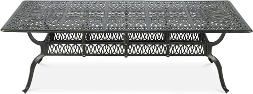 Vista 13 de VIVIJASON Mesa rectangular de comedor para patio al aire libre, mesa de patio grande rústica de aluminio fundido de bronce con agujero para paraguas