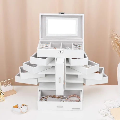 Vista 6 de Homde Paquete de caja de joyería negra una enorme caja de joyería + una caja de joyería blanca con 10 cajones
