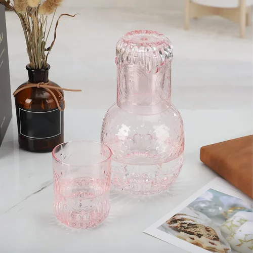 Vista 7 de Juego de jarra de agua y vaso de noche de cristal para baño, dormitorio, cocina (rosa)