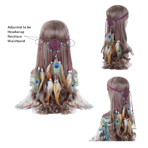 Vista 2 de Zhiheng Bohe - Diadema de plumas hippie con atrapasueños para niñas y mujeres, accesorios para el cabello de carnaval (borgoña)