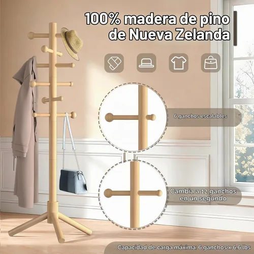Vista 2 de Perchero de madera independiente con 12 ganchos, 3 alturas ajustables, perchero de pie para sombrero y perchero para espacios pequeños, entrada