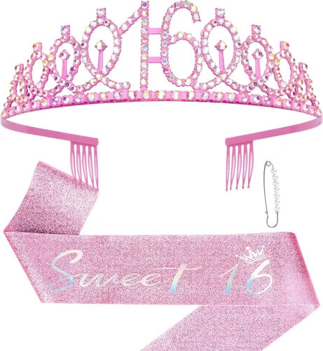 Vista 9 de Semato Kit de Corona de Cumpleaños 16 y Banda de Dulces 16 Rosa Claro - "Dulces 16" Adornos para Fiesta de Cumpleaños, Regalos para Fiesta de Rosa