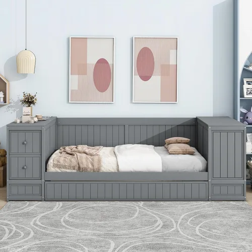 Vista 5 de SOFTSEA Sofá cama de tamaño individual con nido, cajones y puertos USB, sofá cama de madera maciza con estantería de almacenamiento, multifuncional