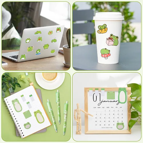 Vista 6 de Xqumoi Juego de 57 Piezas Notas Adhesivas de Rana con Bolígrafos Pegatinas Set de Papelería Bolígrafos de Gel Negro de 0.5mm Blocs de Notas
